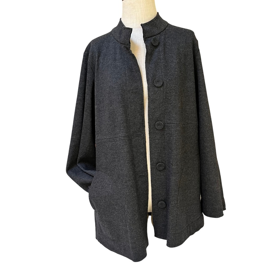 Eileen Fisher Womens Charcoal Gray Mock Neck Button Front Jacket Size M - Picture 3 of 14